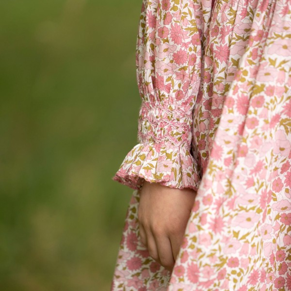 Antoinette Dress with Raspberry Crumble Hand Smocking made with Liberty Poppies & Daisies Fabric