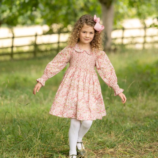 Antoinette Dress with Raspberry Crumble Hand Smocking made with Liberty Poppies & Daisies Fabric