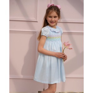Katherine Johnson Dress Blue Sky Gingham with Rainbow Hand Smocking