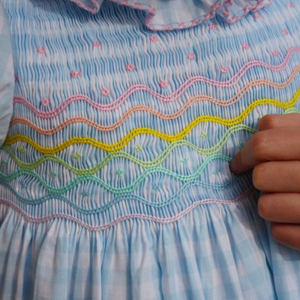 Katherine Johnson Dress Blue Sky Gingham with Rainbow Hand Smocking