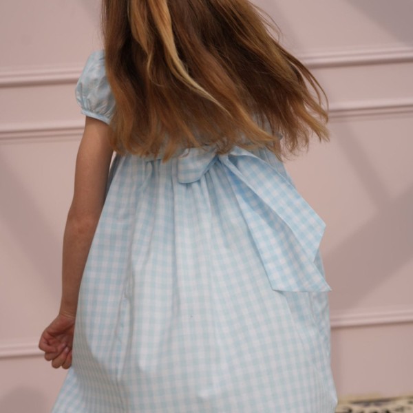 Katherine Johnson Dress Blue Sky Gingham with Rainbow Hand Smocking