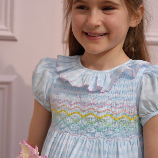 Katherine Johnson Dress Blue Sky Gingham with Rainbow Hand Smocking