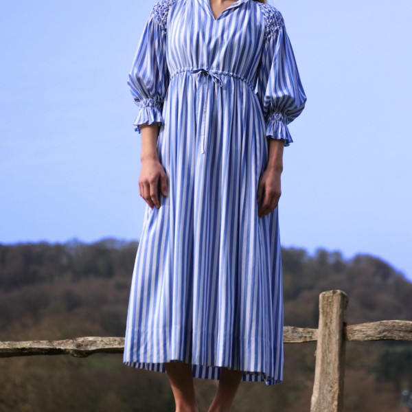 Aloha Wanderwell Dress Ocean Stripe with White Honeycomb Hand Smocking