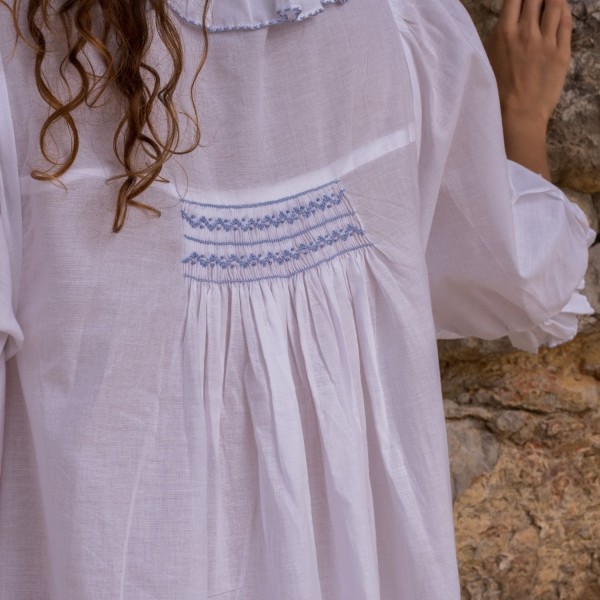 Bessie Coleman Women's Dress Moonstone Cotton with Cornflower Hand Smocking
