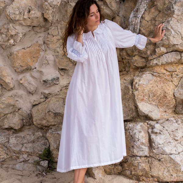Bessie Coleman Women's Dress Moonstone Cotton with Cornflower Hand Smocking