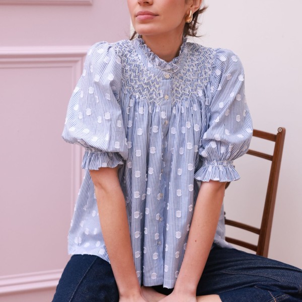 Scholl Blouse Bubble Weave Cotton with Double Cream Hand Smocking Edition 60