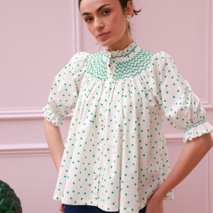 Scholl Blouse Frog Polka cotton with Jade Hand Smocking Edition 59