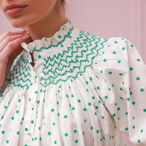 Scholl Blouse Frog Polka cotton with Jade Hand Smocking Edition 59 Scholl Blouse Frog Polka cotton with Jade Hand Smocking Edition 59