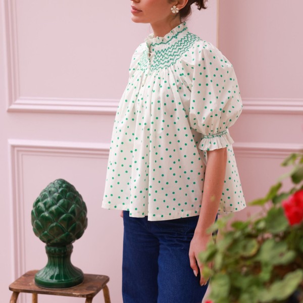 Scholl Blouse Frog Polka cotton with Jade Hand Smocking Edition 59 Scholl Blouse Frog Polka cotton with Jade Hand Smocking Edition 59