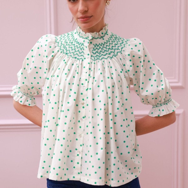 Scholl Blouse Frog Polka cotton with Jade Hand Smocking Edition 59 Scholl Blouse Frog Polka cotton with Jade Hand Smocking Edition 59
