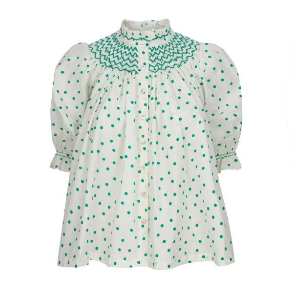 Scholl Blouse Frog Polka cotton with Jade Hand Smocking Edition 59 Scholl Blouse Frog Polka cotton with Jade Hand Smocking Edition 59