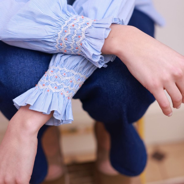 Scholl Blouse Oxford Stripe with Orange Blossom Hand Smocking Edition 62 Scholl Blouse Oxford Stripe with Orange Blossom Hand Smocking Edition 62