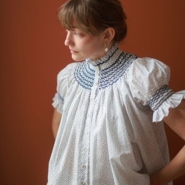 Scholl Blouse Paint Prick Linen with Navy Hand Smocking Edition 57 Scholl Blouse Paint Prick Linen with Navy Hand Smocking Edition 57