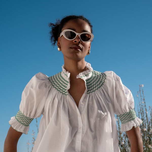 Scholl Women's Summer Blouse White with Green Apple Hand Smocking Scholl Women's Summer Blouse White with Green Apple Hand Smocking