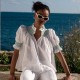 Scholl Women's Summer Blouse White with Green Apple Hand Smocking Scholl Women's Summer Blouse White with Green Apple Hand Smocking