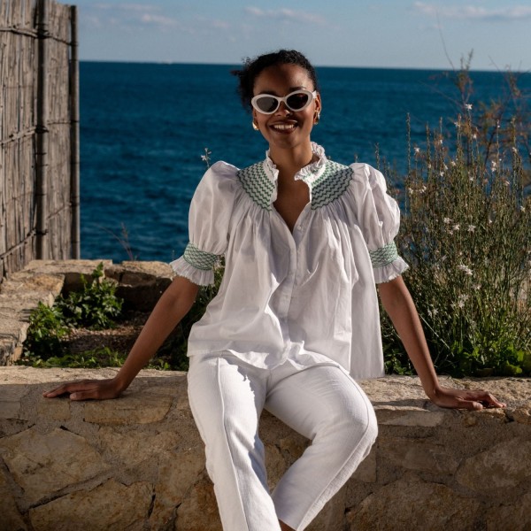 Scholl Women's Summer Blouse White with Green Apple Hand Smocking Scholl Women's Summer Blouse White with Green Apple Hand Smocking
