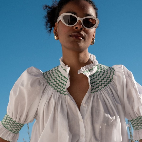 Scholl Women's Summer Blouse White with Green Apple Hand Smocking Scholl Women's Summer Blouse White with Green Apple Hand Smocking