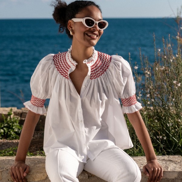 Scholl Women's Summer Blouse White with Pillar Box Red Hand Smocking Scholl Women's Summer Blouse White with Pillar Box Red Hand Smocking