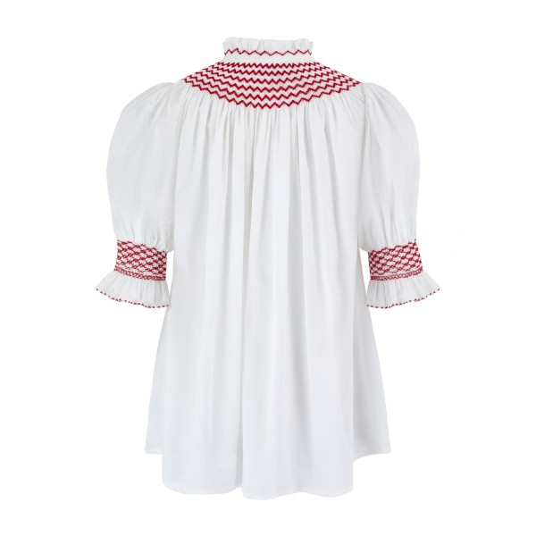 Scholl Women's Summer Blouse White with Pillar Box Red Hand Smocking Scholl Women's Summer Blouse White with Pillar Box Red Hand Smocking