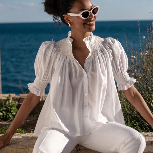 Scholl Women's Summer Blouse White with Ivory Hand Smocking Edition 9 Scholl Women's Summer Blouse White with Ivory Hand Smocking Edition 9