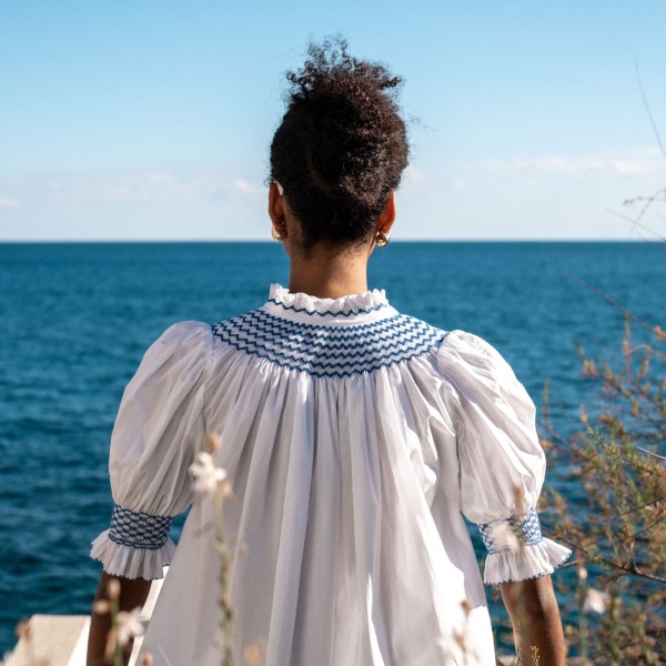 Scholl Women's Summer Blouse White with Sapphire Hand Smocking Scholl Women's Summer Blouse White with Sapphire Hand Smocking