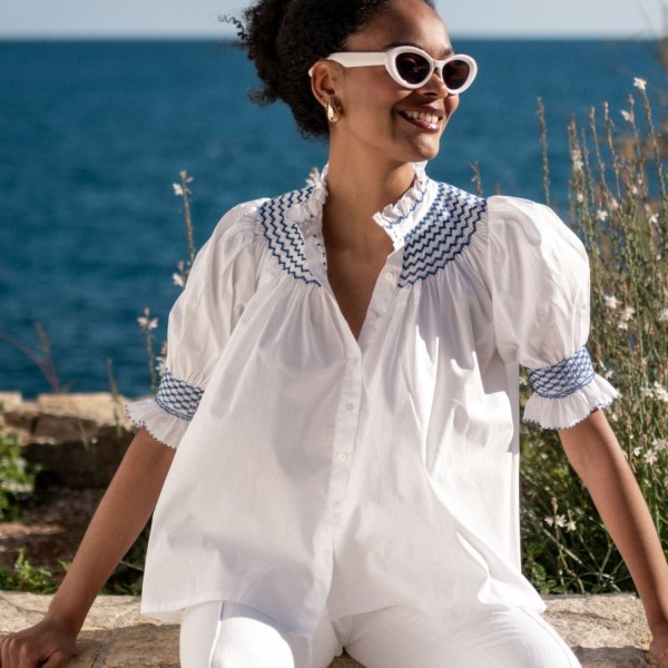 Scholl Women's Summer Blouse White with Sapphire Hand Smocking Scholl Women's Summer Blouse White with Sapphire Hand Smocking