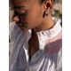 Scholl Women's Summer Blouse White with Coral Hand Smocking Scholl Women's Summer Blouse White with Coral Hand Smocking