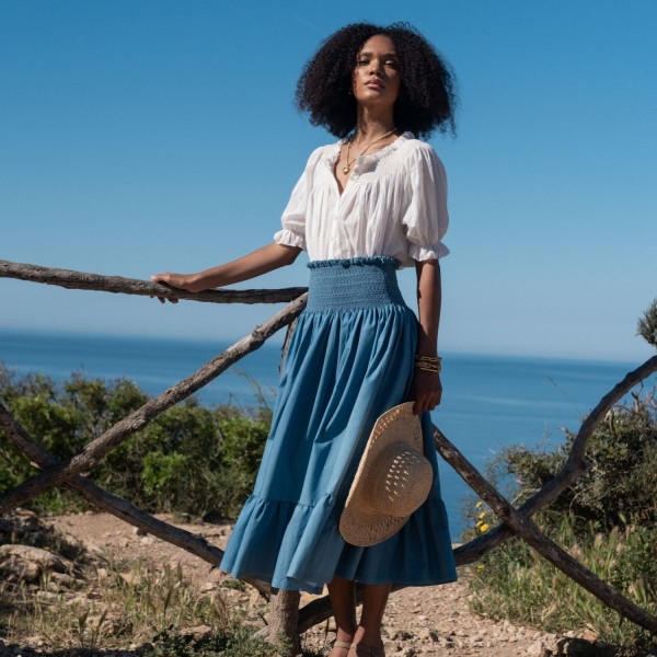 Sullivan Women's Skirt Chambray with Swedish Blue Hand Smocking Sullivan Women's Skirt Chambray with Swedish Blue Hand Smocking