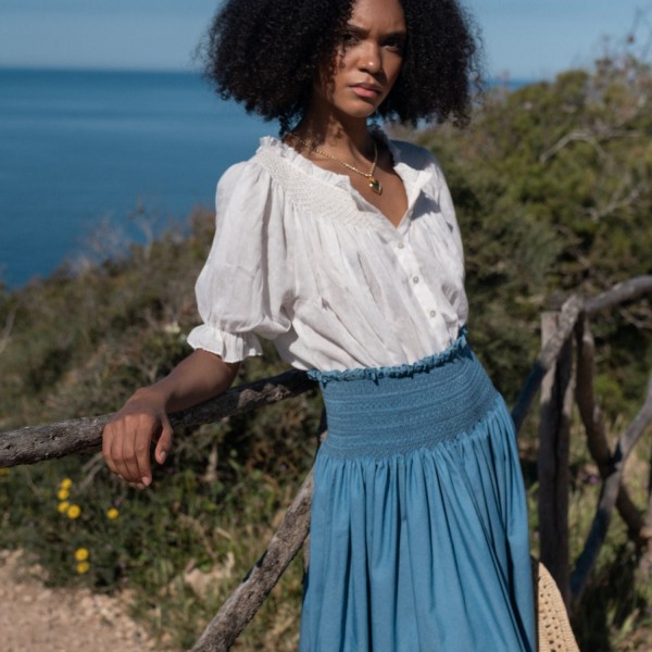 Sullivan Women's Skirt Chambray with Swedish Blue Hand Smocking Sullivan Women's Skirt Chambray with Swedish Blue Hand Smocking
